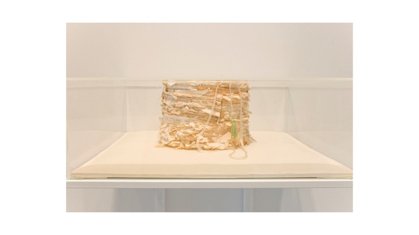 "Alzacuellos para aprender a dejar de contar de historias", 2015. Book spines, silver thread and green thread on satin-lined base, in lacquered wood display case.