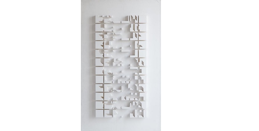 Elena Asins. Model. From the Scale Series. Project for a city. Ca. 1982-83. White cardboard and foam board. 139,3 x 84,2 x 3,6 cm.