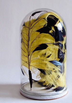 "The Poet’s Wings VII", 2016. Matches, feathers, wood, sandpaper and glass lantern. 26,5 x 15 cm.