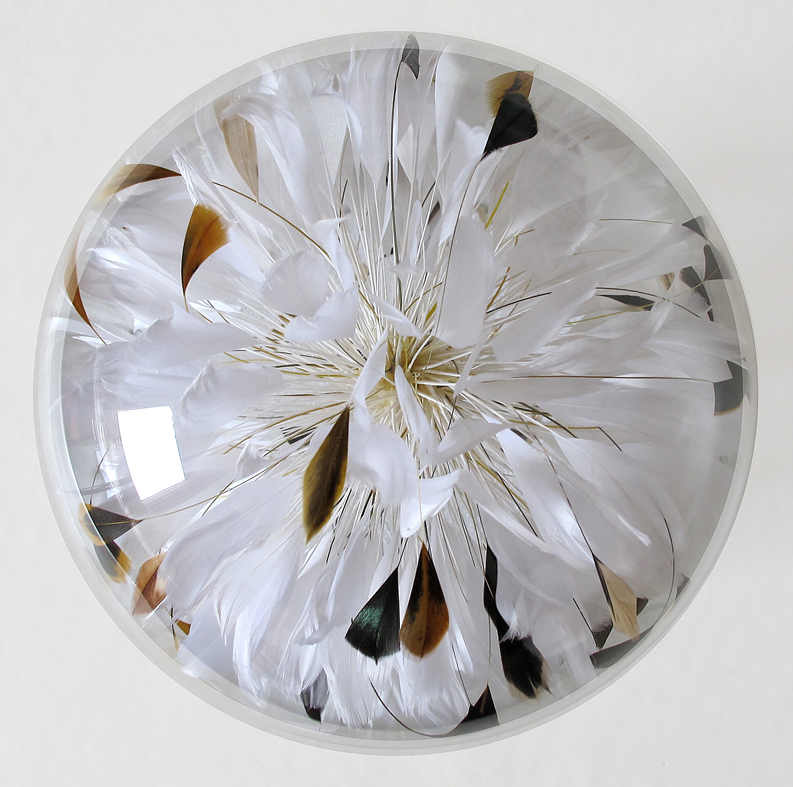 "Las alas del poeta V", 2015. Cerillas, plumas, madera, papel de lija y fanal de cristal. 26,5 x 15 cm.