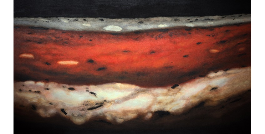 "La Cabeza de Baco" de la serie "Arqueología del color" (basada en la fotografía estratigráfica a la obra "El Triunfo de Baco", por Diego Velázquez). Óleo / Lienzo. 140 x 250 cm. 2020