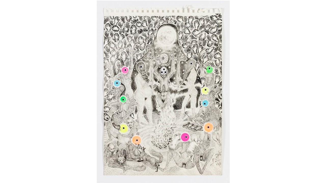 "La invención de la rueda", 2019. Tinta sobre papel y ojos de plástico. 40 x 29,5 cm. Fotografía: Pedro Laguna