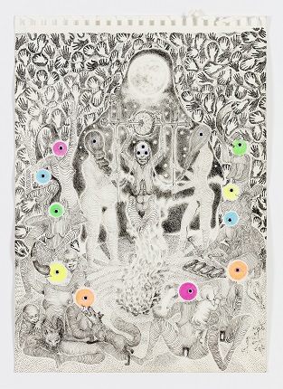 "The Invention of the Wheel", 2019. Ink on paper and plastic eyes. 40 x 29,5. Photo: Pedro Laguna
