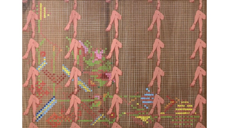 "Petit point", 1975, from the series "Needlework". Silkscreen, pencil and acrylic paint on wood. 70 x 100 cm.