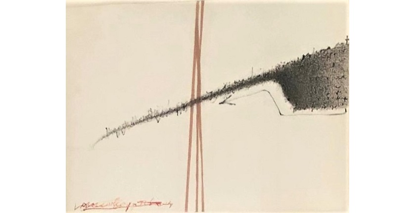 "Violence and death under the name of justice (illegible self-censored writings)", 1974.
Unique conceptual work. Collage on paper (Rottring ink, adhesive tape and mercury) on Tiziano watercolor paper. 31,5 x 44,5 cm.