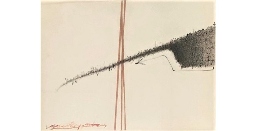"Violencia y muerte bajo el nombre de justicia (escritos ilegibles autocensurados)", 1974.
Obra única conceptual. Collage sobre papel (tinta Rottring, esparadrapo y mercromina) sobre papel acuarela marca Tiziano. 31,5 x 44,5 cm.