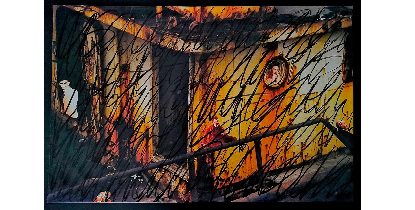 "Habitantes de paraísos imaginados entre escritos autocensurados (nº 4)", 2002-2021. Fotomontaje digital sobre Lona Frontlit fundida de 510 gr. mate, intervenida con escritos autocensurados realizados con rotulador permanente negro. 67 x 99,5 cm.
