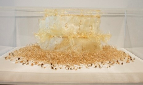 "Alzacuellos para aprender a contar historias I", 2015. Organza, golden thread, seeds and pistils on satin-lined base, in lacquered wood display case, with methacrylate box option. 15 x 42 x 42 cm.