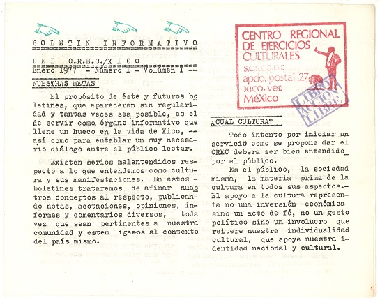 Boletín informativo del C.R.E.C. (Centro Regional de Ejercicios Culturales) / XICO Número I - Volúmen I, 1977. Impresión sobre papel. Página doblada a la mitad de 34 x 21, 5.