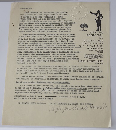 Anuncio representación de la PASTORELA, C.R.E.C; S.C.S.C.A.N.R., de Xico. Impresión sobre papel. 27,8 x 21,4 cm.