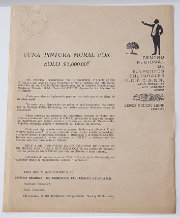Anuncio "Una pintura mural". C.R.E.C.; S.C.S.C.A.N.R., de Xico. Impresión sobre papel. 28,1 x 21,3 cm.