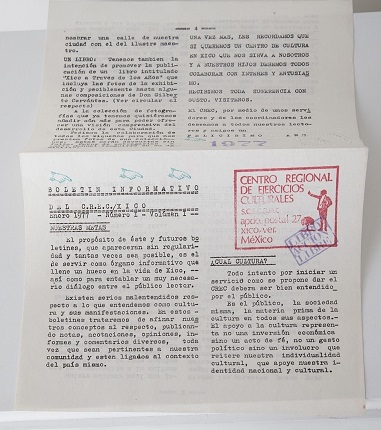 Boletín informativo del C.R.E.C. (Centro Regional de Ejercicios Culturales) / XICO Número I - Volúmen I, 1977.