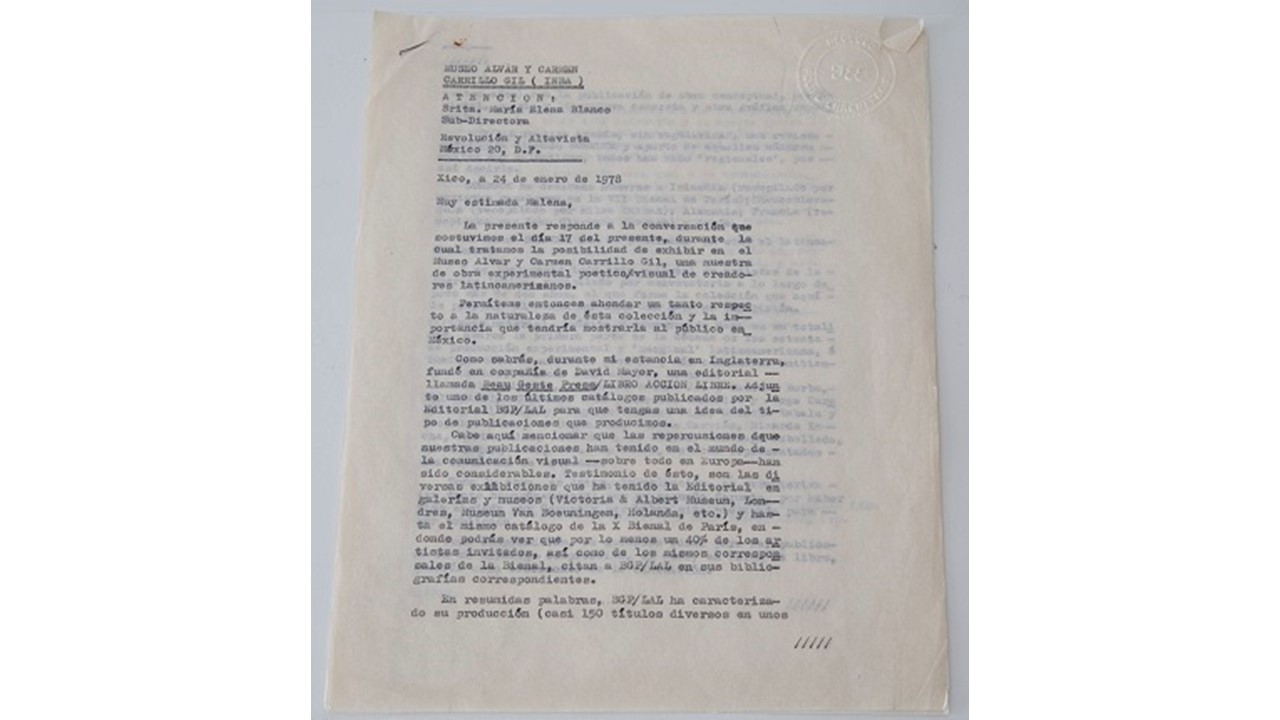 "Letter to Maria Elena Blanco, Alvar and Carmen Carrillo Gil Museum." January 24th, 1978. Original typewritten duplicate.
