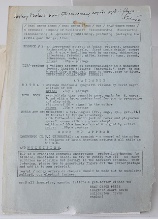 "Beau Geste Press (catálogo venta)". Ca. 1970-1976. Impresión mimeográfica sobre papel azul claro. 29,7 x 21 cm.