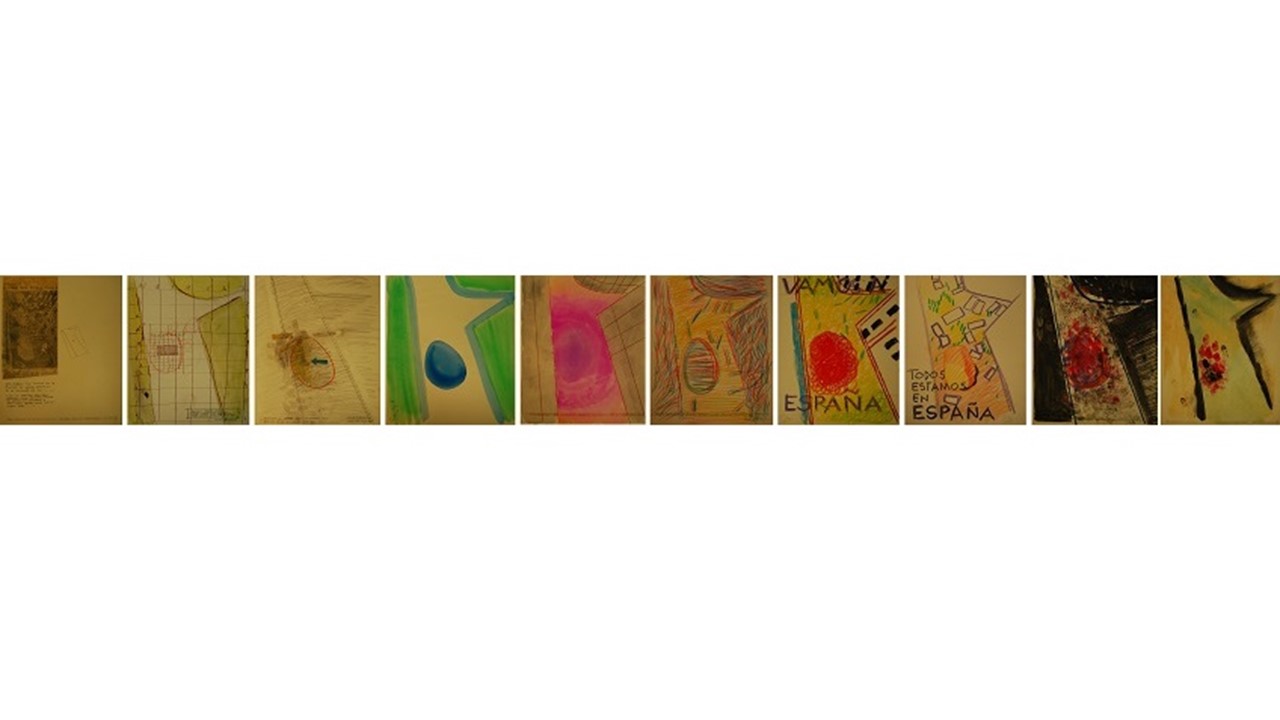 Series "Carrero Blanco", 1975. 10 plates with pencil drawing, ink, watercolor, stamps and intervened photos.