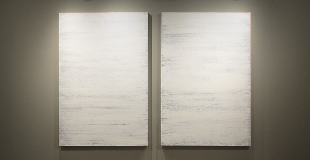 A and B. 2015. Lead white/aluminium foil/plaster/flax/cedar panel. 180 x 120 cm. each.