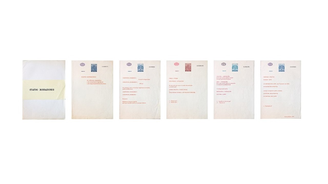 Isidoro Valcárcel Medina, "Cuatro borradores", 1979. Original escrito a máquina impreso sobre papel timbrado. Cinco folios.