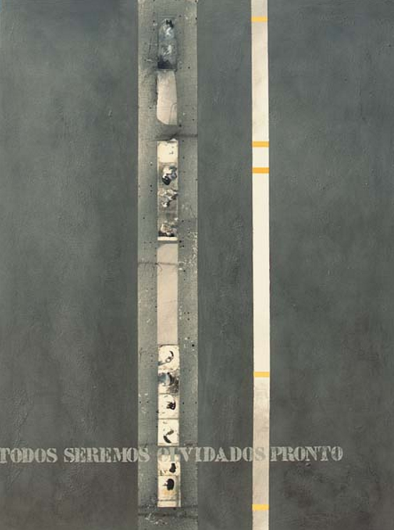 Enrique Brinkmann, "Estela funeraria con viñetas", 2005. Técnica mixta, collage sobre papel Arches, pegado a contrachapado. 159 cm x 119 cm.