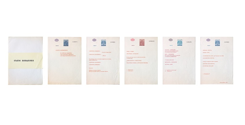 Isidoro Valcárcel Medina, "Cuatro borradores", 1979. Original escrito a máquina impreso sobre papel timbrado. Cinco folios de 30 x 21 cm.