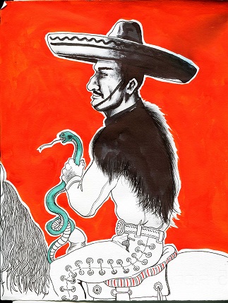 "Charro en fondo rojo". Matria Series. 2015. Ink on paper. 11.2 x 8.7 in.