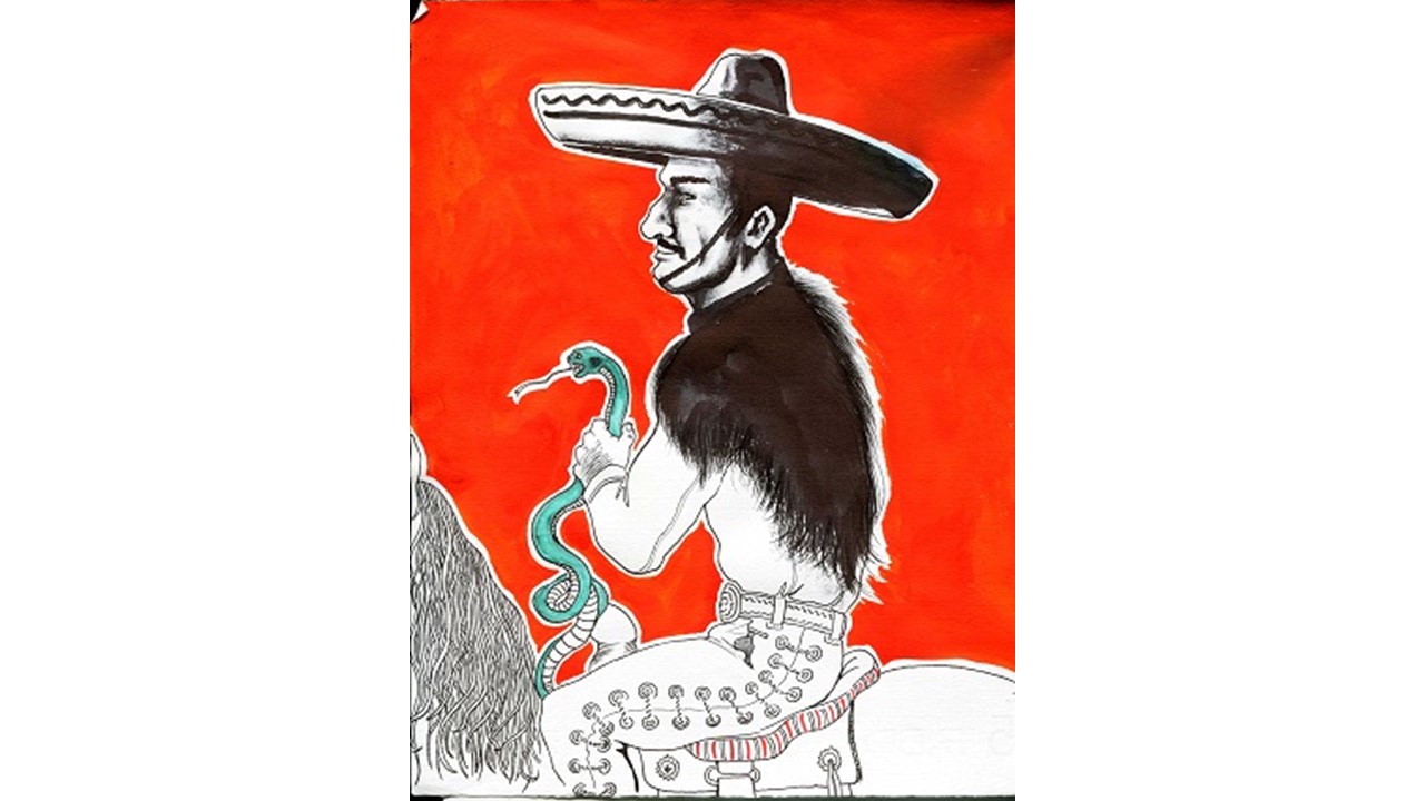 "Charro en fondo rojo". Serie Matria. 2015. Tinta sobre papel. 28,5 x 22,2 cm. Galería Freijo, 2017.