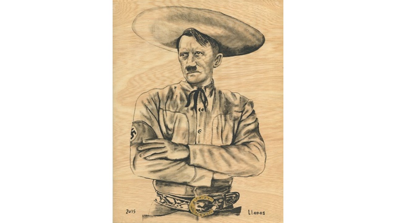 "Adolfo vestido de charro". Serie Matria. México, 2015. Mica de oro y petróleo sobre madera.