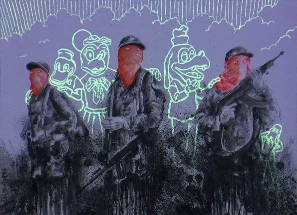 "Jijos de su Pluta madre" de la serie "Remover a México", 2016. Dibujo con grafito líquido y tinta fosforescente con luz negra. 56 x 76,5 cm.