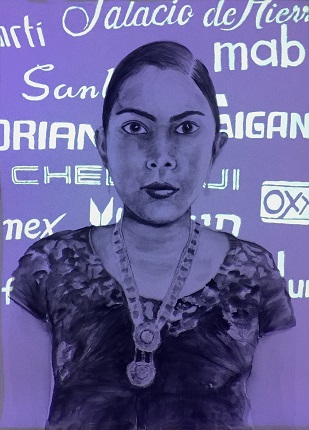"Patrocinamesta" from the series "Remover a México", 2016. Liquid graphite and phosphorescent ink drawing with black light. 76 x 56 cm.