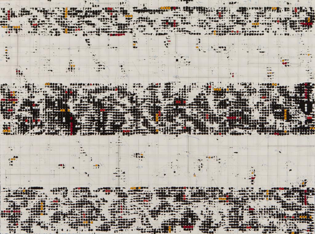 "Three dotted stripes", 2015. TM on arches paper glued to plywood. 119 x 159 cm.