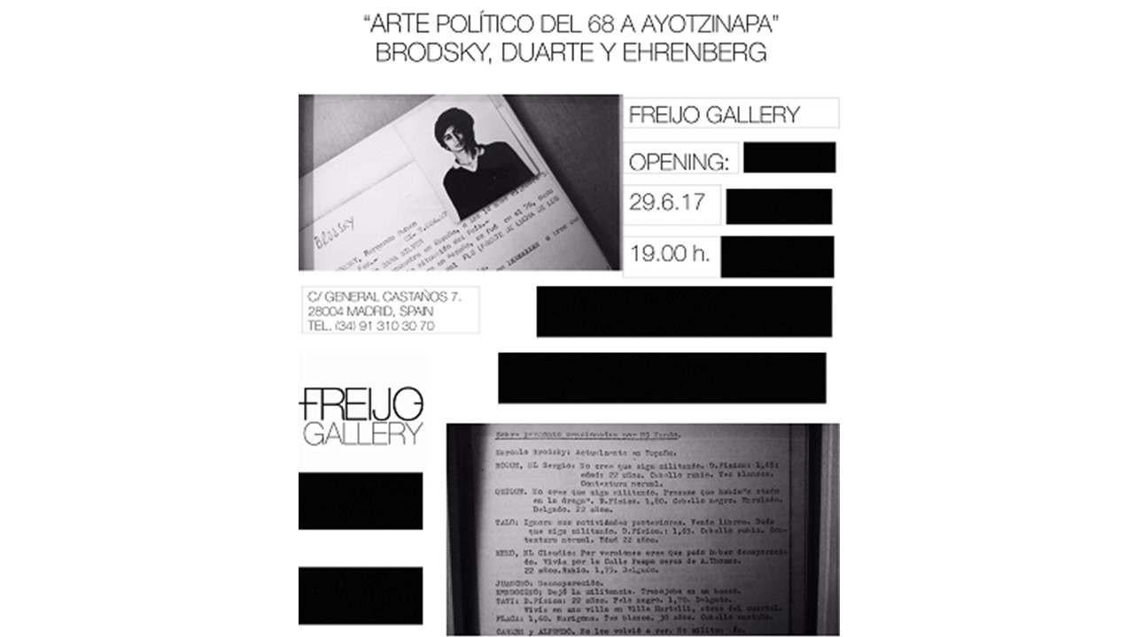 Invitación a la inauguración de la exposición "Arte político. Del 68 a Ayotzinapa" en Galería Freijo, 2015.