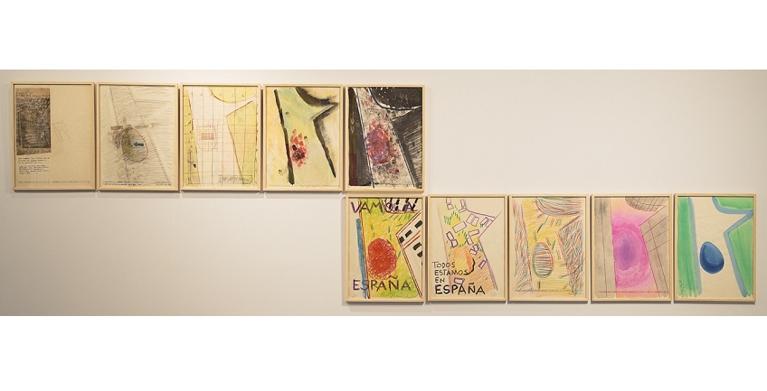 F. Ehrenberg. "Carrero Blanco" Series. 1975. 10 sheets with drawings in pencil, pink, watercolor, stamps and photos. 41 x 30 cm.