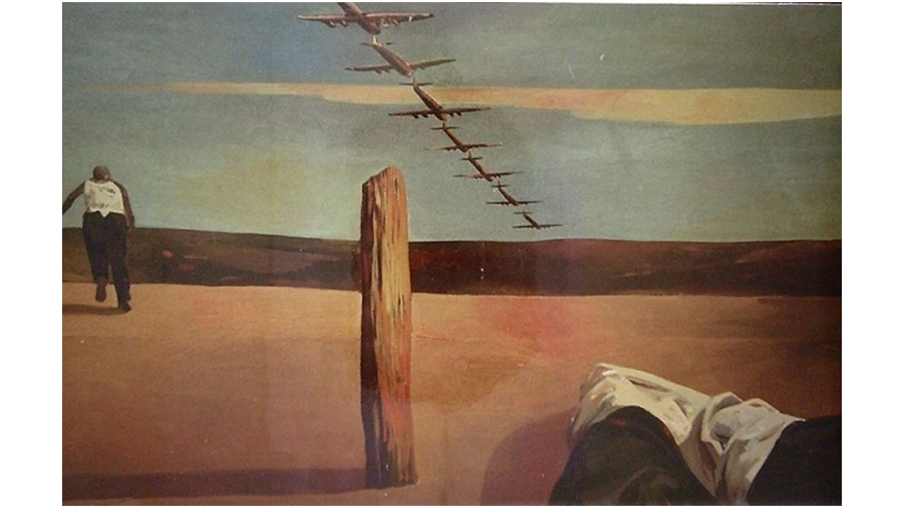 J. Duarte. "La guerra", 1968, óleo sobre tabla, 84 x 139 cm. "Arte político. Del 68 a Ayotzinapa" en Galería Freijo.