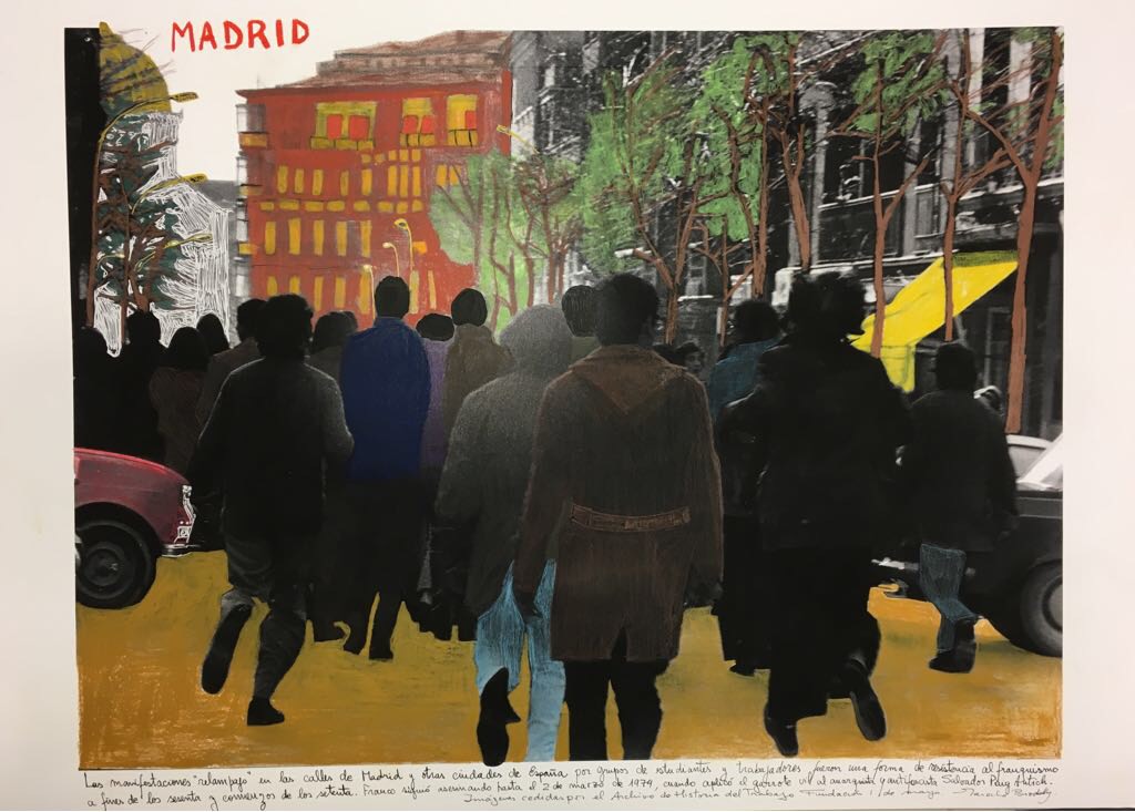 Marcelo Brodsky 2018. Intervened photography. 60 x 90 cm. Unique piece.
Original photography: Demonstration in Madrid. Archivo Historia de Trabajo, Fundación Primero de Mayo.