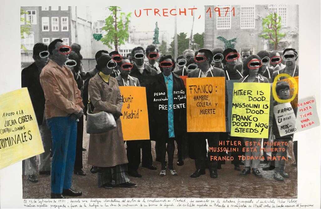 Marcelo Brodsky 2018. Intervened photography. 60 x 90 cm. Unique piece.
Original photography: Demonstration in Holland for Patiño, Utrecht, 19-09-1971. Archivo Historia de Trabajo, Fundación Primero de Mayo.