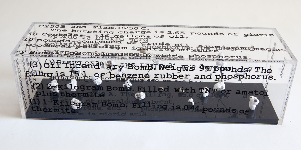"Pop-Bomb", 2018. Brass popcorn and digital drawing on methacrylate urn. 10 x 35 x 10 cm.