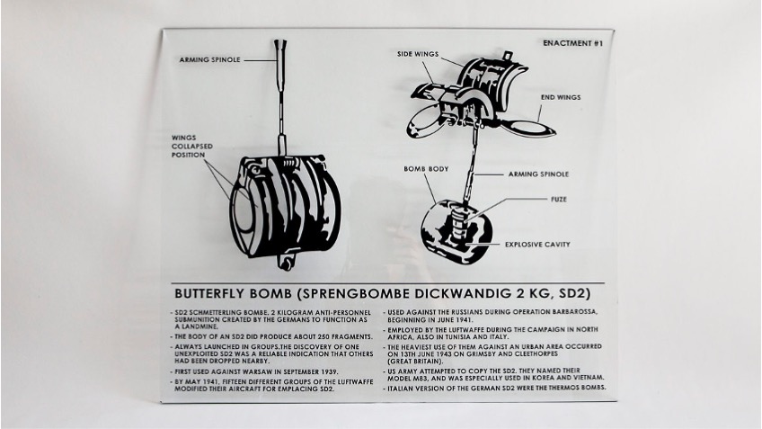 "Butterfly Bomb I", 2018. Digital drawing (19,29 x 23,62 x 0,15 in) on glass and mirror (5,90 x 7,28 in)