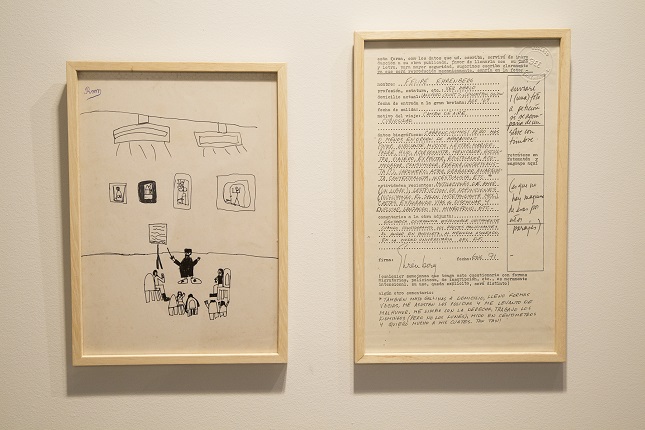 F. Ehrenberg. "Forma". 1971. "Dibujo infantil". 1992. Díptico: Fotocopia de impresión sobre papel y escritura original a tinta. 33 x 20,5 cm. y  dibujo original anónimo, firmado R.M., bolígrafo sobre papel. 29 x 20,5 cm.