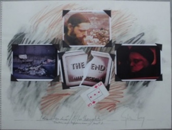 F. Ehrenberg. Obra basada en los fotogramas de La Poubelle. "Ideas tardías", 2016. Lápices de colores sobre papel con collage de fotogramas y naipe. 46 x 61 cm.