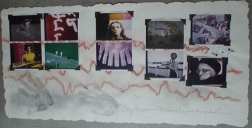 F. Ehrenberg. Obra basada en los fotogramas de La Poubelle. "¿Qué puede revivirse en la memoria / si se pierda ahí al instante?", 2016. Lápices de colores sobre papel con collage de fotogramas y naipe. Los bordes del papel quemados. 52 x 110 cm.