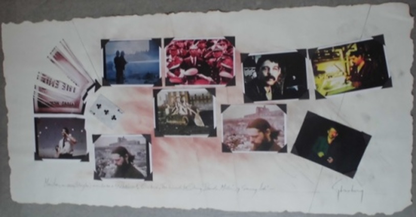 F. Ehrenberg. Obra basada en los fotogramas de La Poubelle. "Mientras en casa (Islington) escuchaba a Gilberto Gil, Osibisa, The Incredible String Band, Melón, Sammy Hdez", 2016. Lápices de colores sobre papel con collage de fotogramas y naipe. Los bordes del papel quemados. 53 x 111 cm.