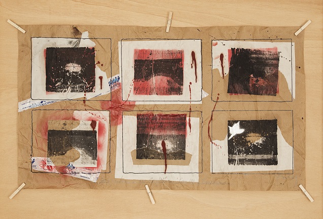 F. Ehrenberg. "Seis ventanas a mi Casa/México - con ira y tristeza", 2014.  Tinta mimeográfica aplicada con rodillo o disuelta en thinner, gotas de sangre (del autor), spray acrílico, tinta Sharpie, lápiz, cinta plástica sobre papeles Revolución y Kraft hecho en Brasil. 56 x 98 cm.