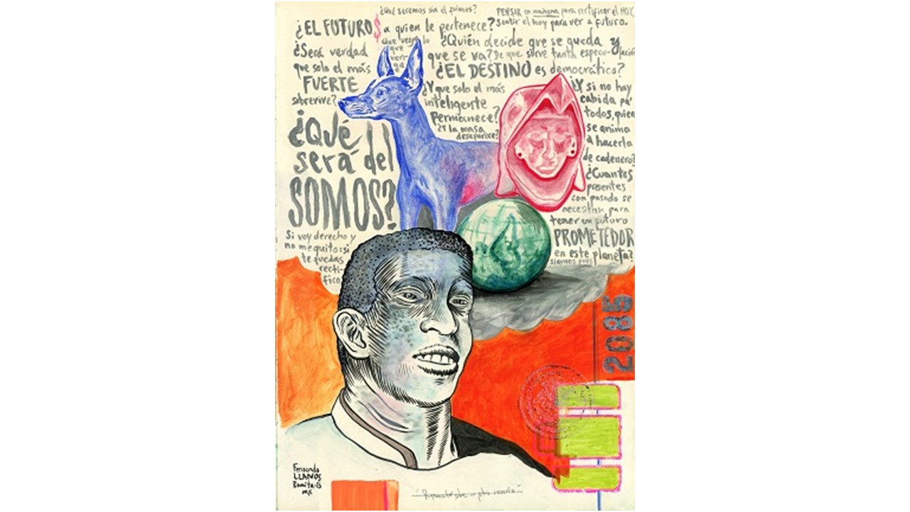 Fernando Llanos. "Thoughts on an Uncertain Future," 2015. Ink, acrylic and pigment on paper. 42 x 30 cm. Unique piece. "Espejulacciones" at Freijo Gallery, 2018.