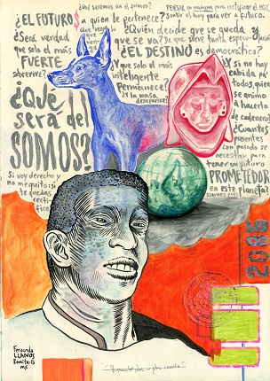 F. Llanos. "Pensamientos sobre un futuro incierto", 2015. Tinta, acrílico y pigmento sobre papel. 42 x 30 cm.