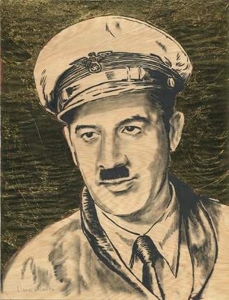 F. Llanos. "Pedro vestido de nazi", 2015. Serie Matria. Hoja de oro y petróleo sobre madera. 28 x 21,4 cm.