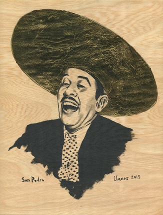 F. Llanos. "San Pedro", 2015. Serie Matria. hoja de oro y petróleo sobre madera. 28 x 21,4 cm.