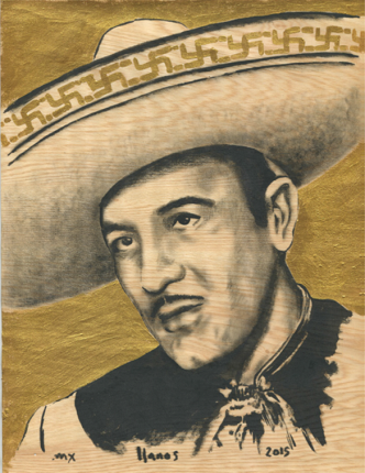 F. Llanos. "Pedro con soástica", 2015. Serie Matria. Hoja de oro y petróleo sobre madera. 28 x 21,4 cm.