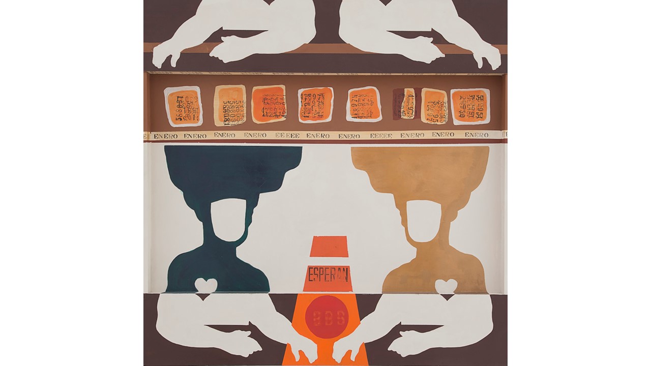 Felipe Ehrenberg. "January", (from the series Bufones). 1967. Acrylics on fibercel. 100 x 100 cm. Unique piece.  "Espejulacciones" at Freijo Gallery, 2018.