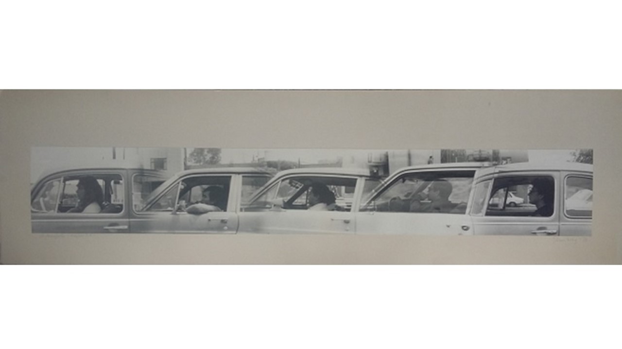 Felipe Ehrenberg. "Automopolis", 1978. Black and white photograph mounted on cardboard. 32,3 x 112 cm. Dated and signed. Freijo Gallery, 2018.