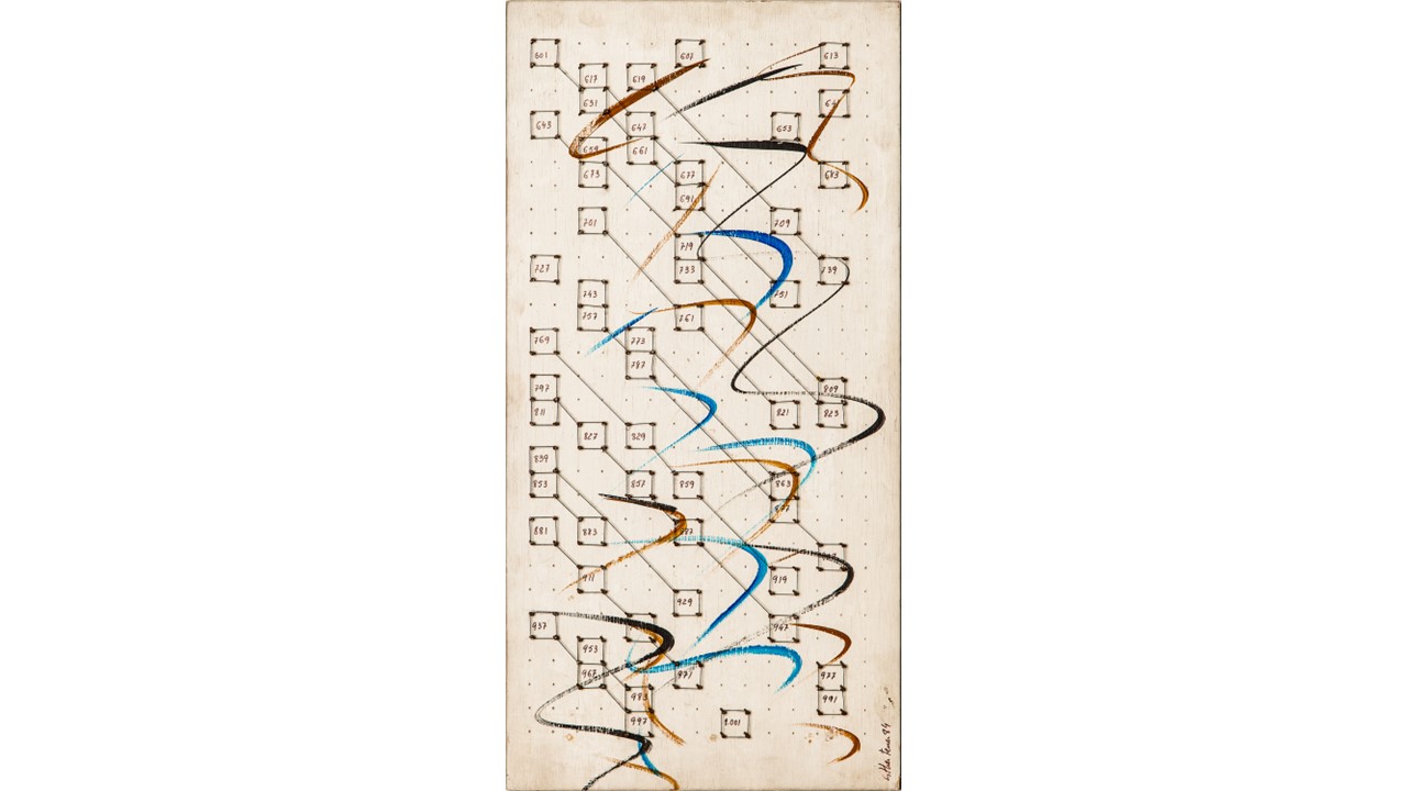 Esther Ferrer.  Serie: "Poema de los números primos" 1984. 50 x 25 x 3 cm.