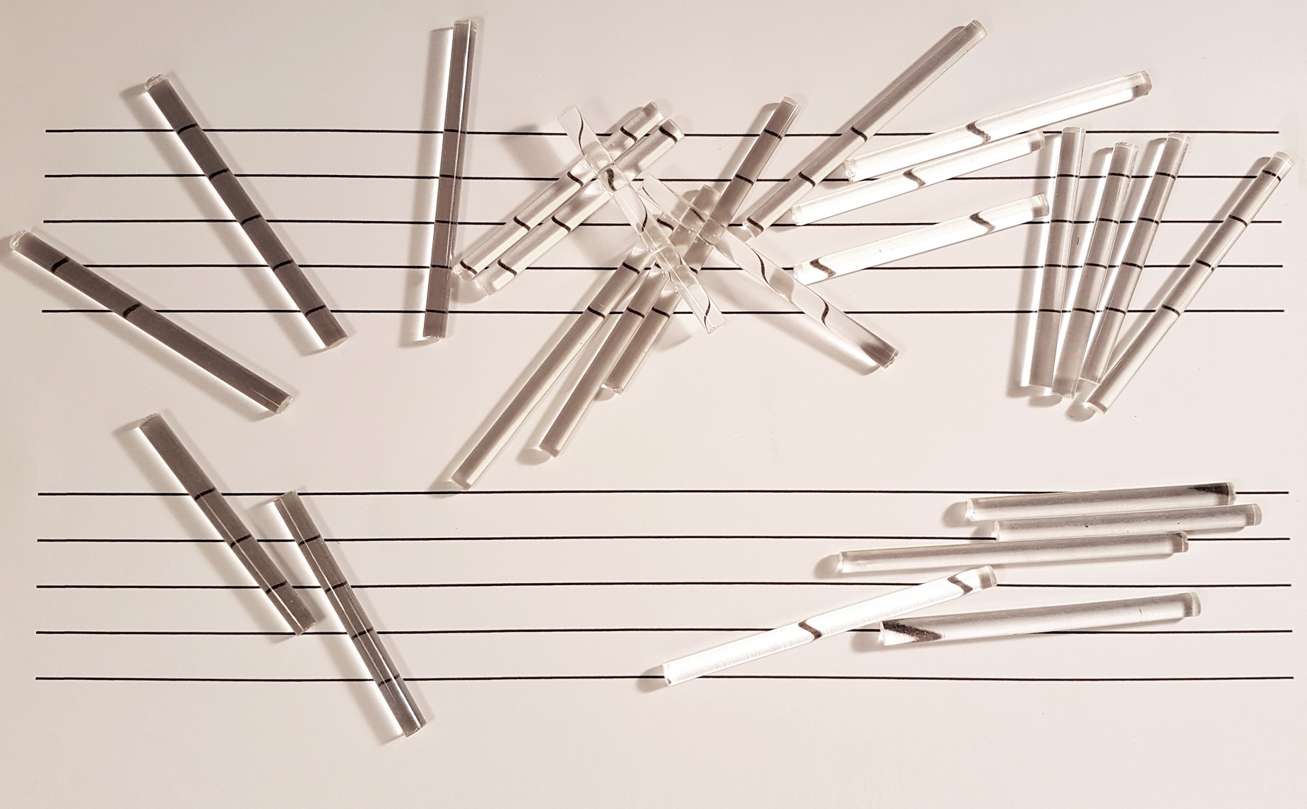 Balcells Eugenia. Clear Music. Series: Sound Works. 1981 - 2018. Video music sheet / book-object. 11 pages 11 slides.  Duration: 11 min. Ed. of 7